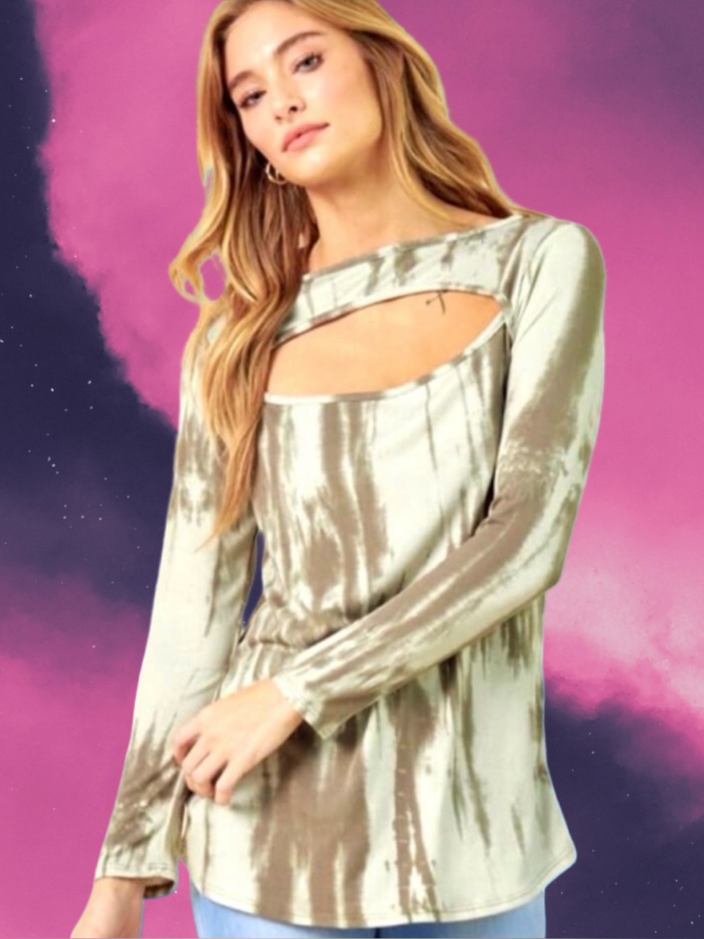🆕Boutique Women’s plus-size Sage Green Tie-Dye Long-sleeve Cut-out Top❤️❤️3X